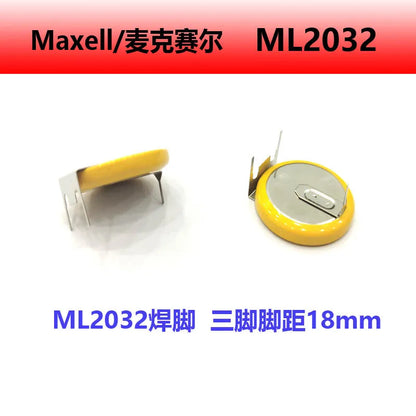 Batteria a bottone ricaricabile al litio Maxell ML2032 con terminali per saldatura, 3V, distanza tra i piedini 20 mm, per schede madri CMOS