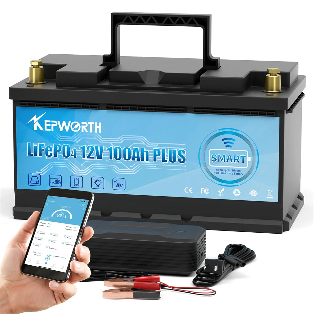 KEPWORTH 12V 100Ah LiFePO4 Batterie Celle di grado A ricaricabili per batterie al litio ferro fosfato di stoccaggio esterno/domestico