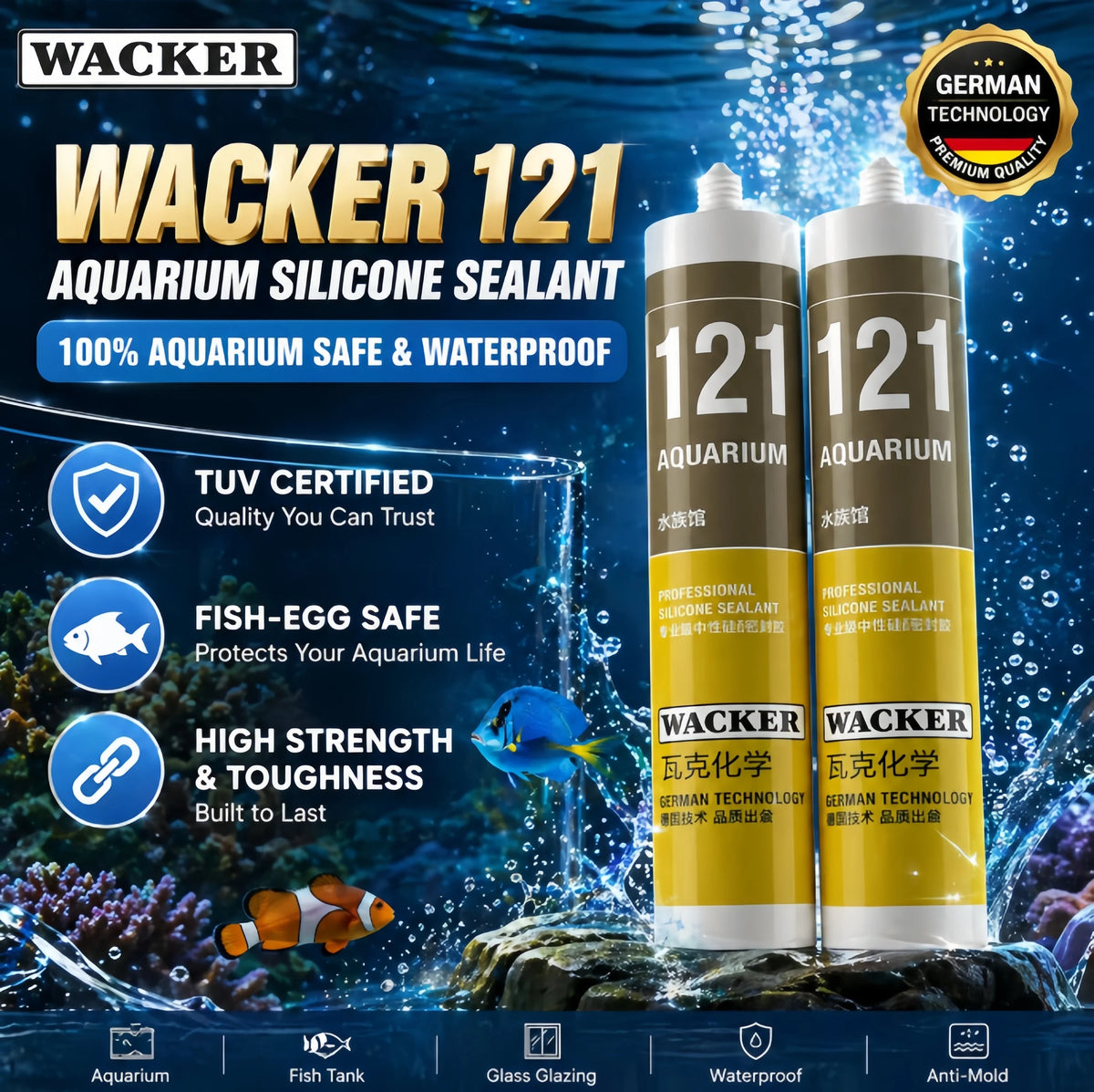 Wacker 121 Sigillante Siliconico per Acquari, Adesivo Siliconico Professionale a Base Acetica per Vasche dei Pesci