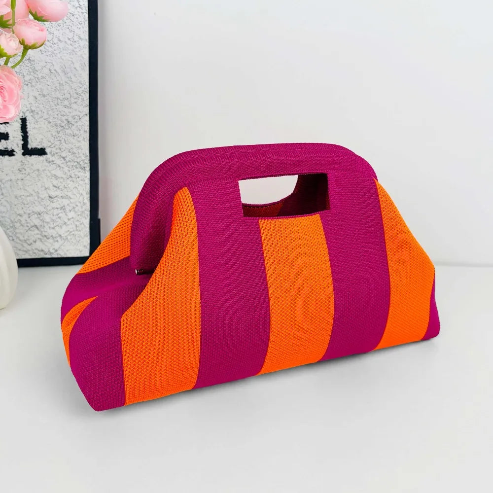 Nuova borsa intrecciata traforata a righe, borsa a mano in maglia, versatile borsa portatile per cosmetici