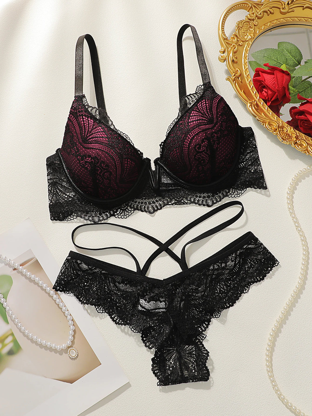 2024 Nuova ultima produzione e vendite da donna Pull Gathering Set di biancheria intima e biancheria intima in pizzo U093