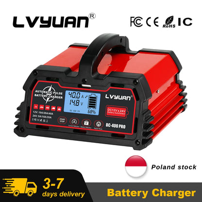 Caricabatterie LVYUAN 20A/25A/30A/40A per Batterie al Piombo-Acido 12V/24V/LiFePO4/AGM/STD/Gel/EFB con Funzione di Riparazione a Impulsi