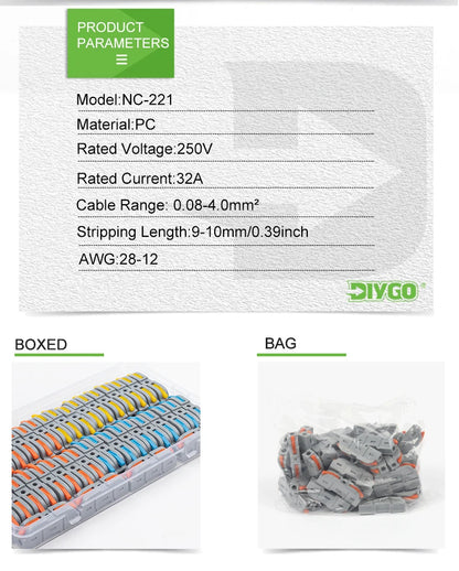 34PCS Leva in scatola Connettori rapidi per cavi domestici Terminali Conduttore Giuntabile Blocco di cablaggio di testa Connettori elettrici riutilizzabili