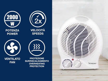Termoventilatore Elettrico Compatto, 2 Potenze 2000W, Termostato, Funzione Ventilazione, Maniglia Integrata e Anti-Surriscaldamento