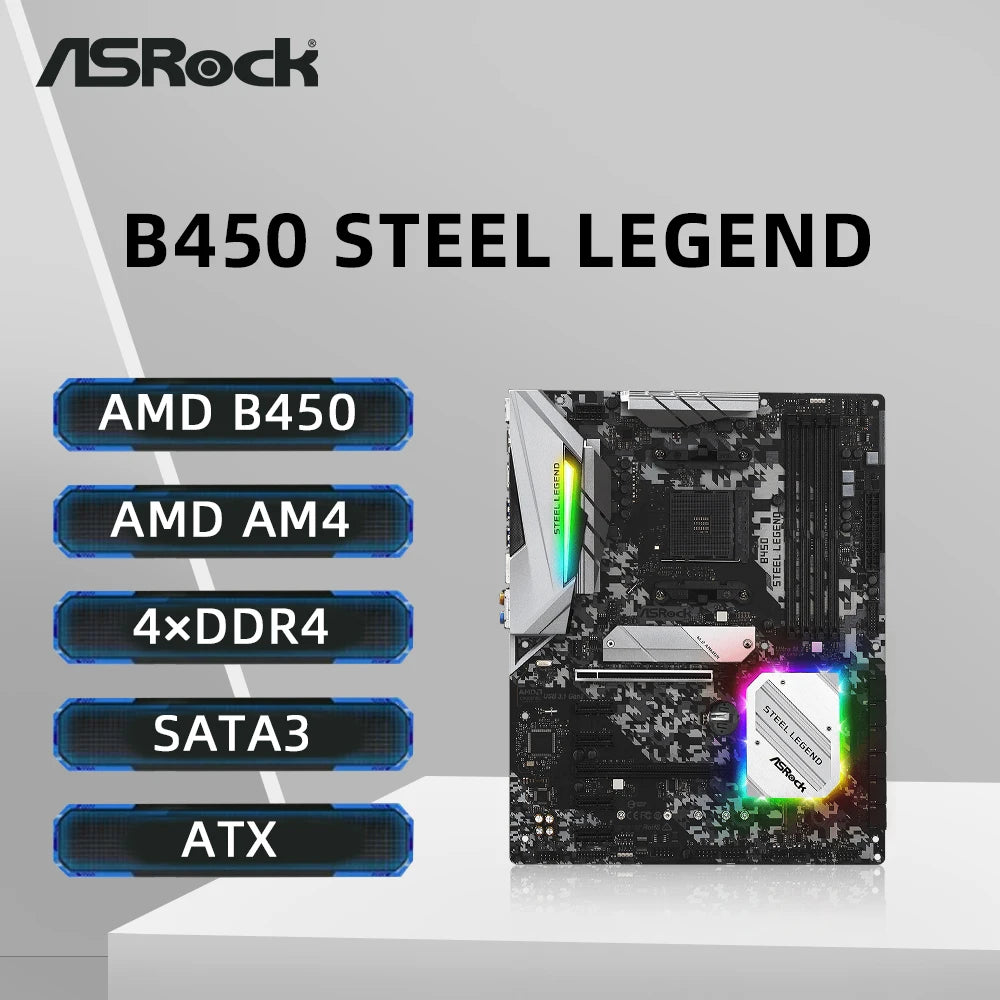 Scheda Madre ASRock B450 STEEL LEGEND B450 AM4 Compatibile con CPU R5 5600 5600G R7 5700X3D 5800X 4xDDR4 3200MHz 128GB HDMI M.2 ATX