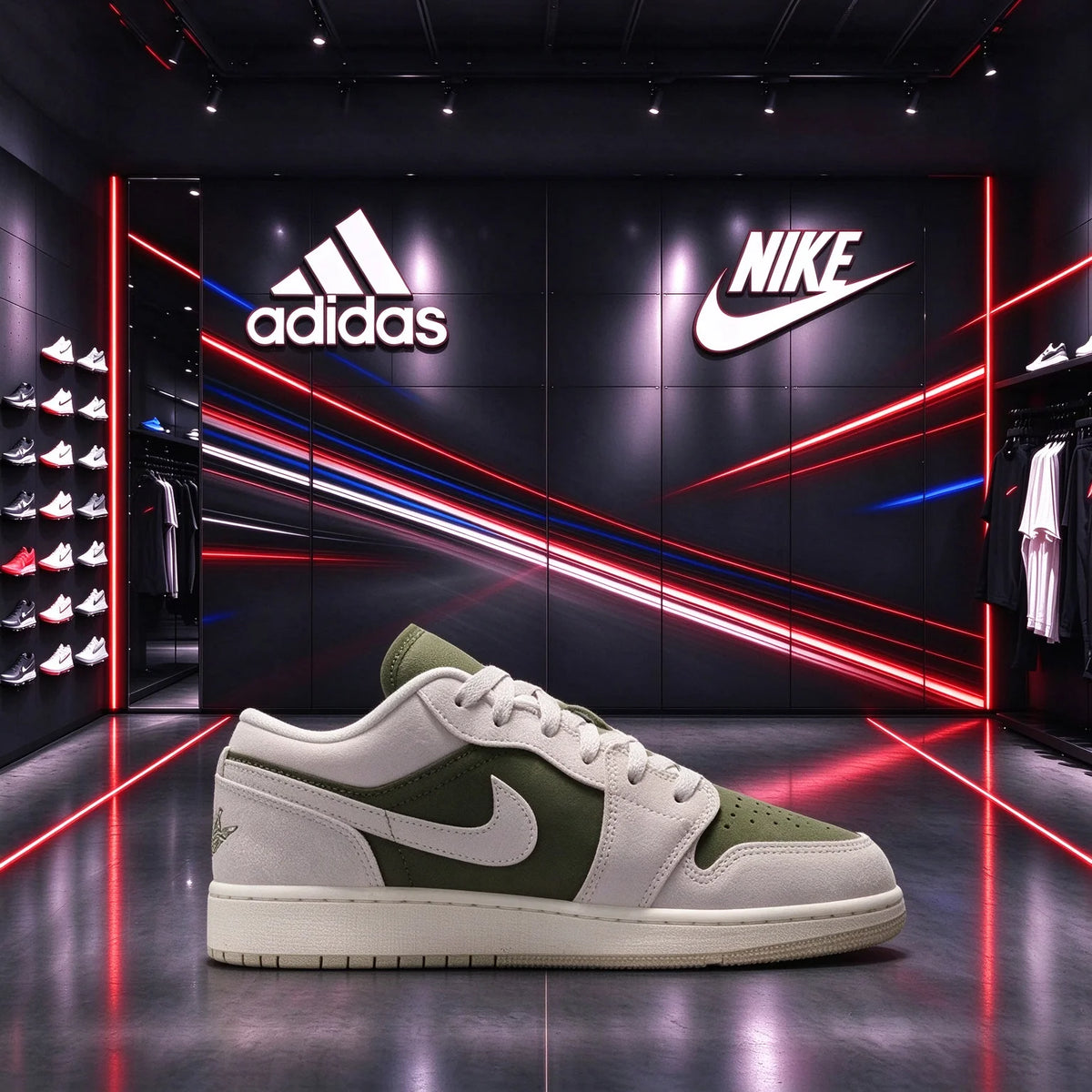 Sneakers basse Nike bianche, grigie e verde oliva, modello AJ1 Retro Patchwork, casual, versatili e di tendenza, HV4396-201