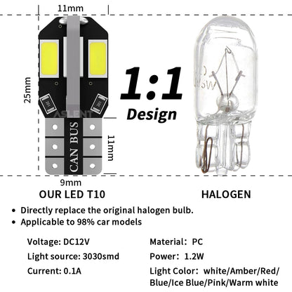 10x W5W T10 LED CANBUS No Error 5W5 12V 5W 600Lm Super Bright Car Interior Luce laterale 194 3030 SMD Lampadina automatica Bianco Ambra Rosso