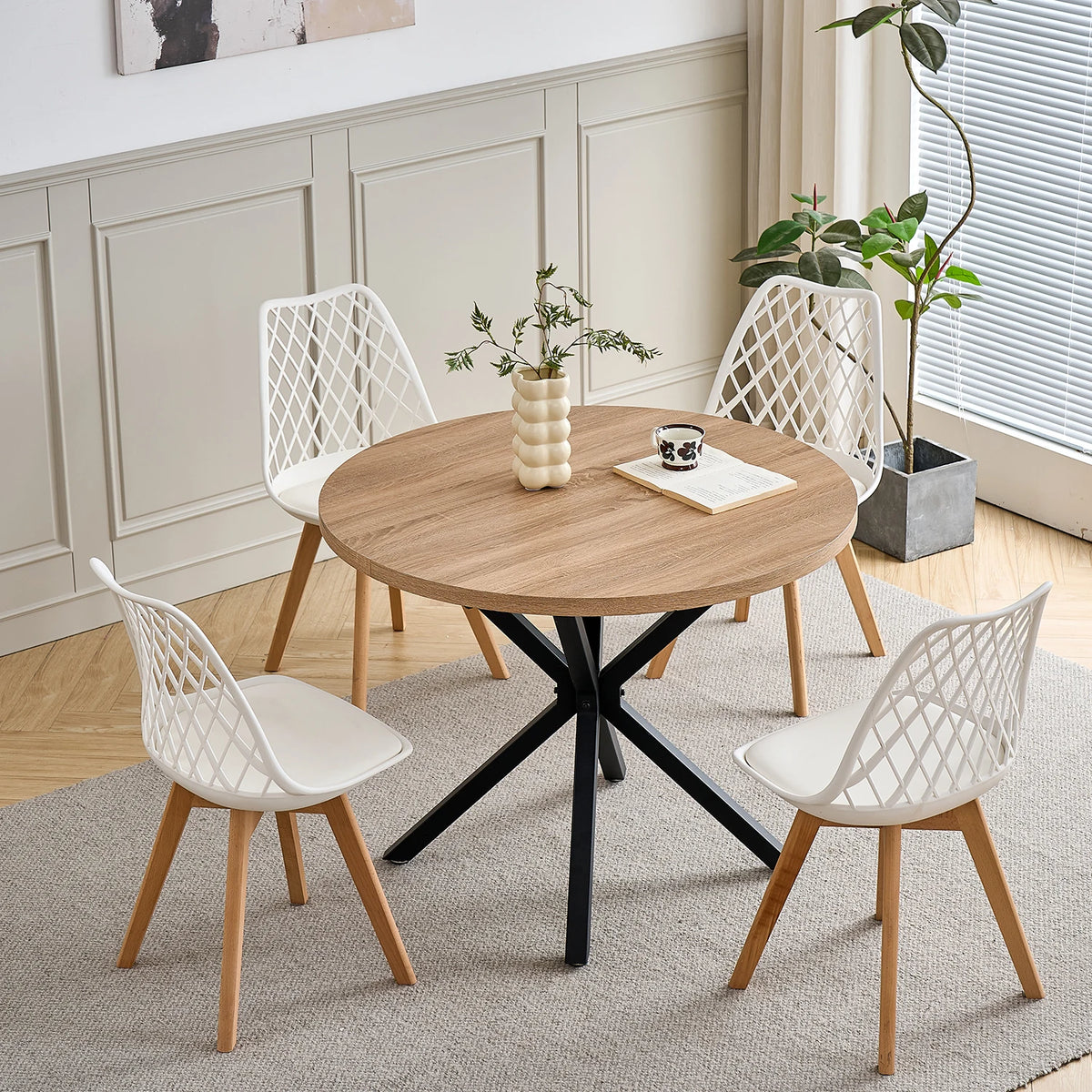 Set di 4/6 sedie da pranzo moderne con schienale in rete con gambe in legno massello e cuscini imbottiti, per sala da pranzo/camera da letto, sedia da caffè