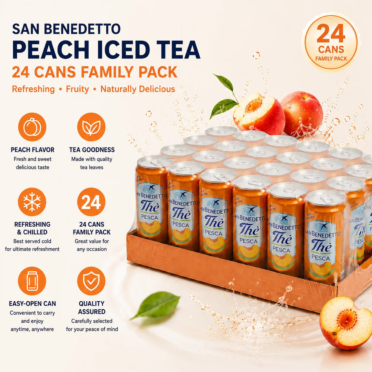Tè alla Pesca San Benedetto - 24 Lattine x 330ml - Tè Freddo Rinfrescante con Acqua Minerale Naturale