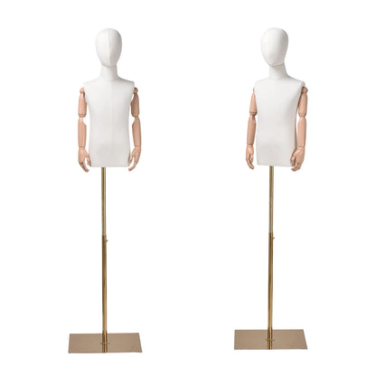 Manichino Regolabile per Sartoria ed Esposizione, Torso Femminile con Testa e Braccia Staccabili, Supporto Dorato Regolabile in Altezza, con Rivestimento in Lino, per Abbigliamento Donna, Uomo, Bambino e Esposizione Gioielli