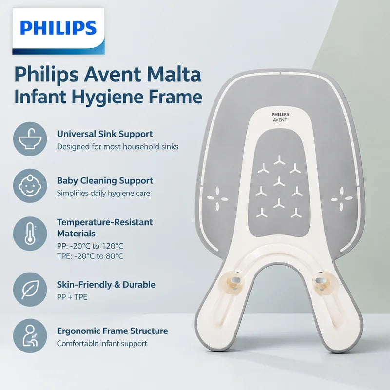 Philips Avent Malta Grey, struttura per l’igiene del neonato, realizzata in PP+TPE, resistente al calore, adatta a tutti i lavandini, per l’uso nella pulizia del bambino.