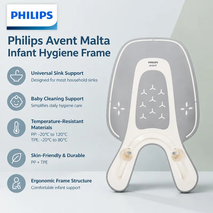 Philips Avent Malta Grey, struttura per l’igiene del neonato, realizzata in PP+TPE, resistente al calore, adatta a tutti i lavandini, per l’uso nella pulizia del bambino.