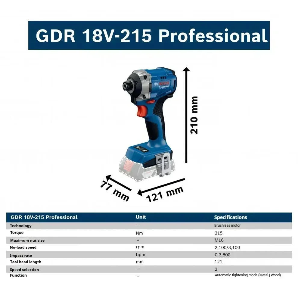 Bosch GDR 18V-215 Avvitatore a Impulsi Brushless 18V 215Nm Alta Coppia Cacciavite Elettrico Senza Fili Utensile Elettrico Professionale