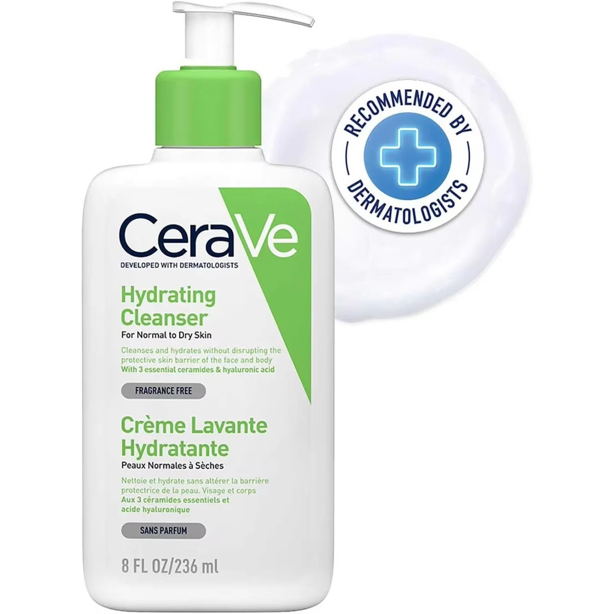 Detergente Idratante CeraVe 236ml, Detergente Delicato Multiuso per Viso e Corpo con Pelle Normale o Secca, Senza Profumo