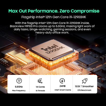 Mini PC aziendale Blackview MP100 Pro, Windows 11 Pro, due opzioni di processore Intel 12ª generazione i3-1215U / i5-12450H, 16GB RAM DDR4, SSD M.2 NVMe 512GB, WiFi 6, uscita video 4K UHD, chip di sicurezza TPM 2.0, pi