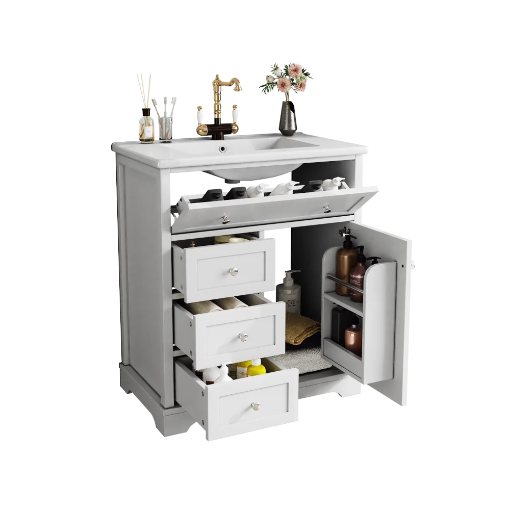 Mobiletto da bagno 76x46x87 cm con lavabo Mobiletto inferiore Cassetto a basso rumore Guida Telaio per porta Cassetto pieghevole Lavello in ceramica Lavabo in ceramica Lavaggio in ceramica