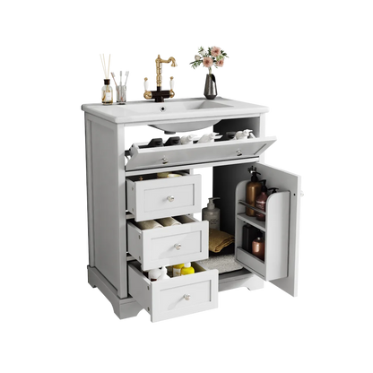 Mobiletto da bagno 76x46x87 cm con lavabo Mobiletto inferiore Cassetto a basso rumore Guida Telaio per porta Cassetto pieghevole Lavello in ceramica Lavabo in ceramica Lavaggio in ceramica