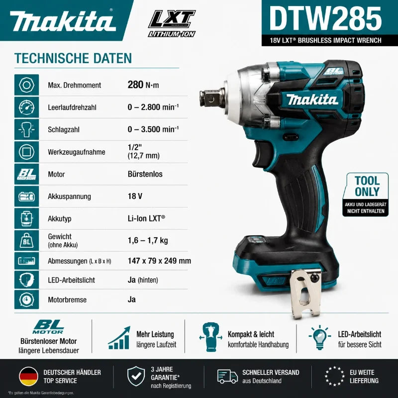 Makita DTW285 Avvitatore a Impulsi 18V 320N·m Senza Spazzole Senza Fili + Batteria 6.0Ah Utensile Elettrico ad Alta Coppia Disponibilità EU Spedizione 1-3 Giorni