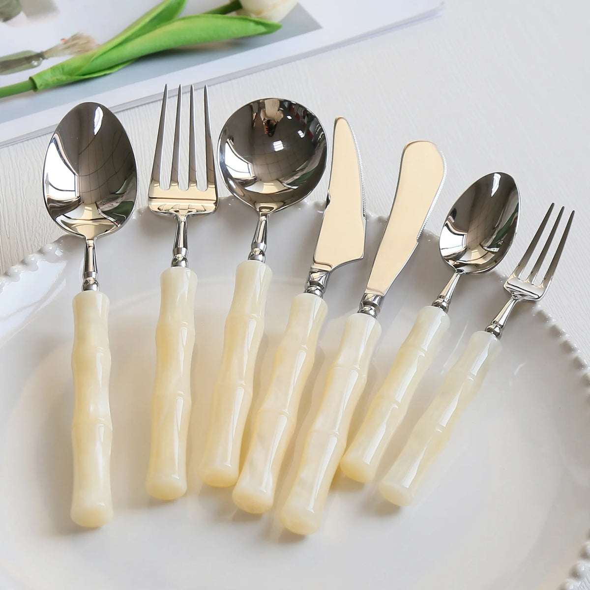 Nuovi posate in resina stile bambù 18/10 in acciaio inossidabile 304 posate classiche set di stoviglie argento blu verde crema trasporto di goccia