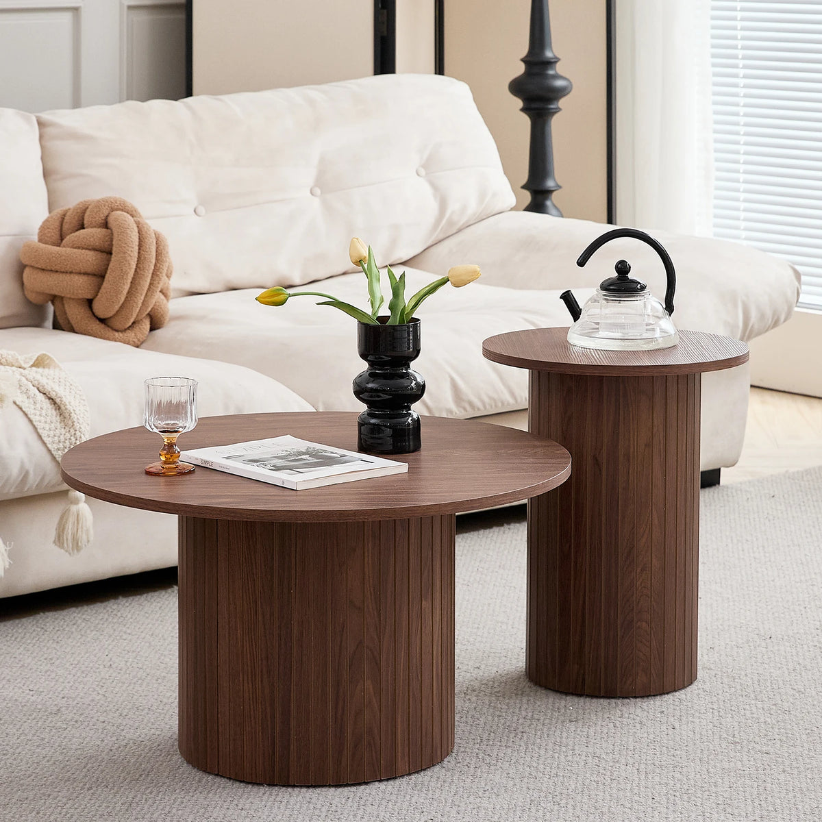 Set di 2 tavolini rotondi in legno in stile nordico, tavolino da caffè impilabile in legno, per mobili da soggiorno/camera da letto