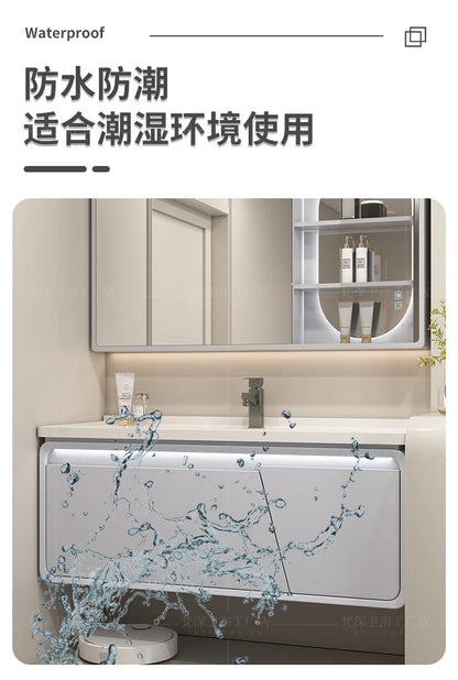 Mobile Bagno Moderno Intelligente con Lavabo Integrato in Ceramica, Armadietti in Rovere, Specchio LED e Mobiletto - Arredamento Bagno
