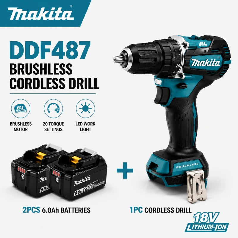 Trapano Avvitatore a Batteria Makita 18V LXT Brushless DDF487 10mm ad Alta Coppia + Batteria BL1860B BL1840 - Spedizione Veloce da Magazzino EU