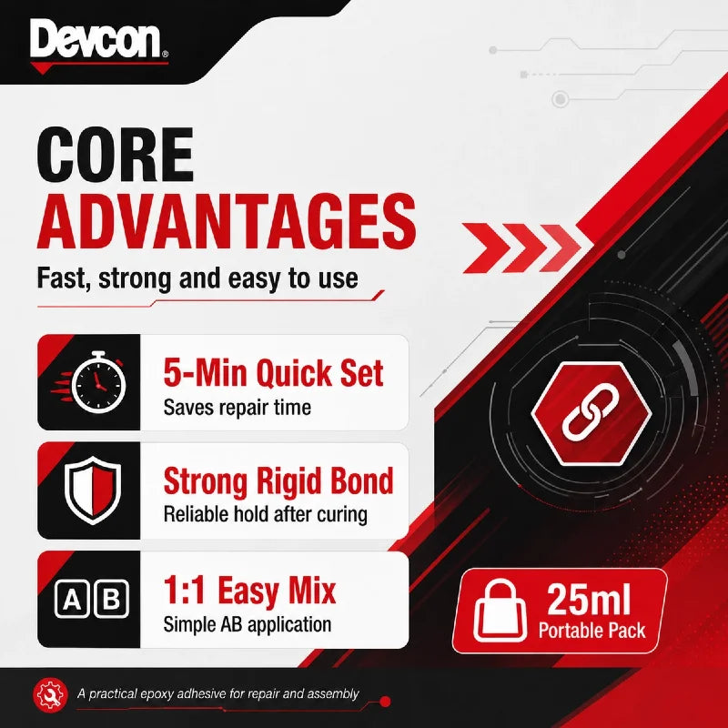 Adesivo Epossidico Devcon 14250 a Rapida Polimerizzazione in 5 Minuti, Colla Bicomponente AB 25ml per Riparazioni su Metallo, Vetro, Ceramica e Legno