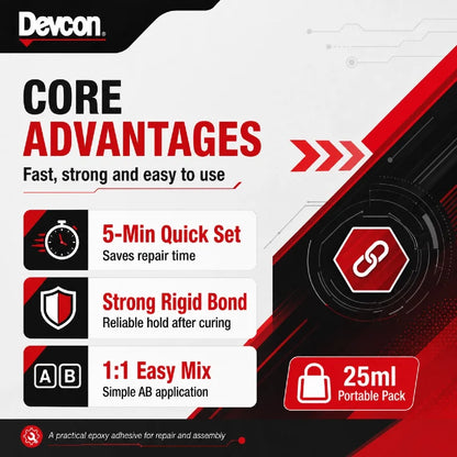 Adesivo Epossidico Devcon 14250 a Rapida Polimerizzazione in 5 Minuti, Colla Bicomponente AB 25ml per Riparazioni su Metallo, Vetro, Ceramica e Legno
