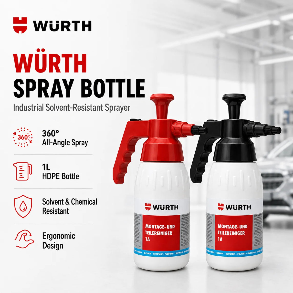 Spray Resistente agli Agenti Chimici Wurth, Flacone con Ugello Regolabile, Spruzzatore a Pressione per Pulizia Auto, Sgrassatore per Uso in Officina