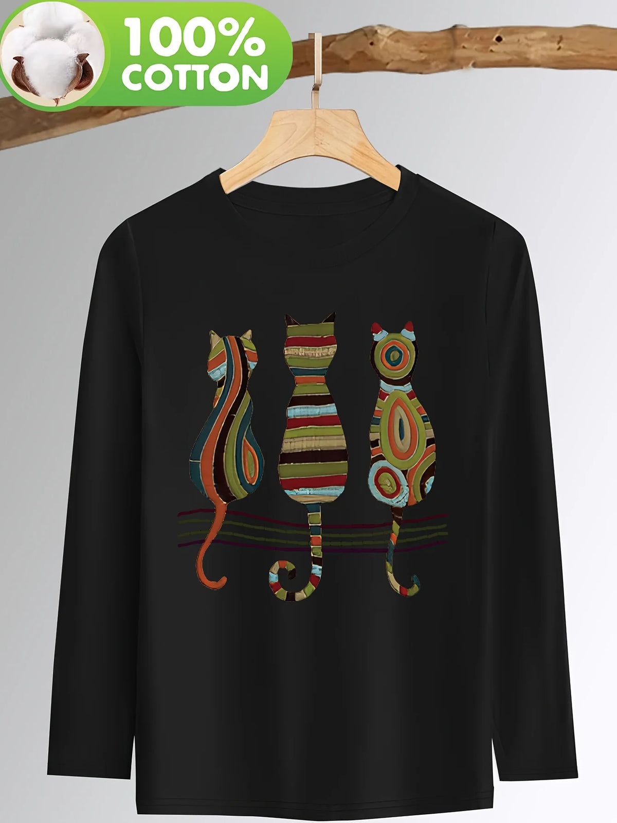 T-shirt da donna in 100% puro cotone, a maniche lunghe, con scollo rotondo, stile casual, con stampa grafica floreale, vestibilità ampia, ideale per la primavera e l'autunno.