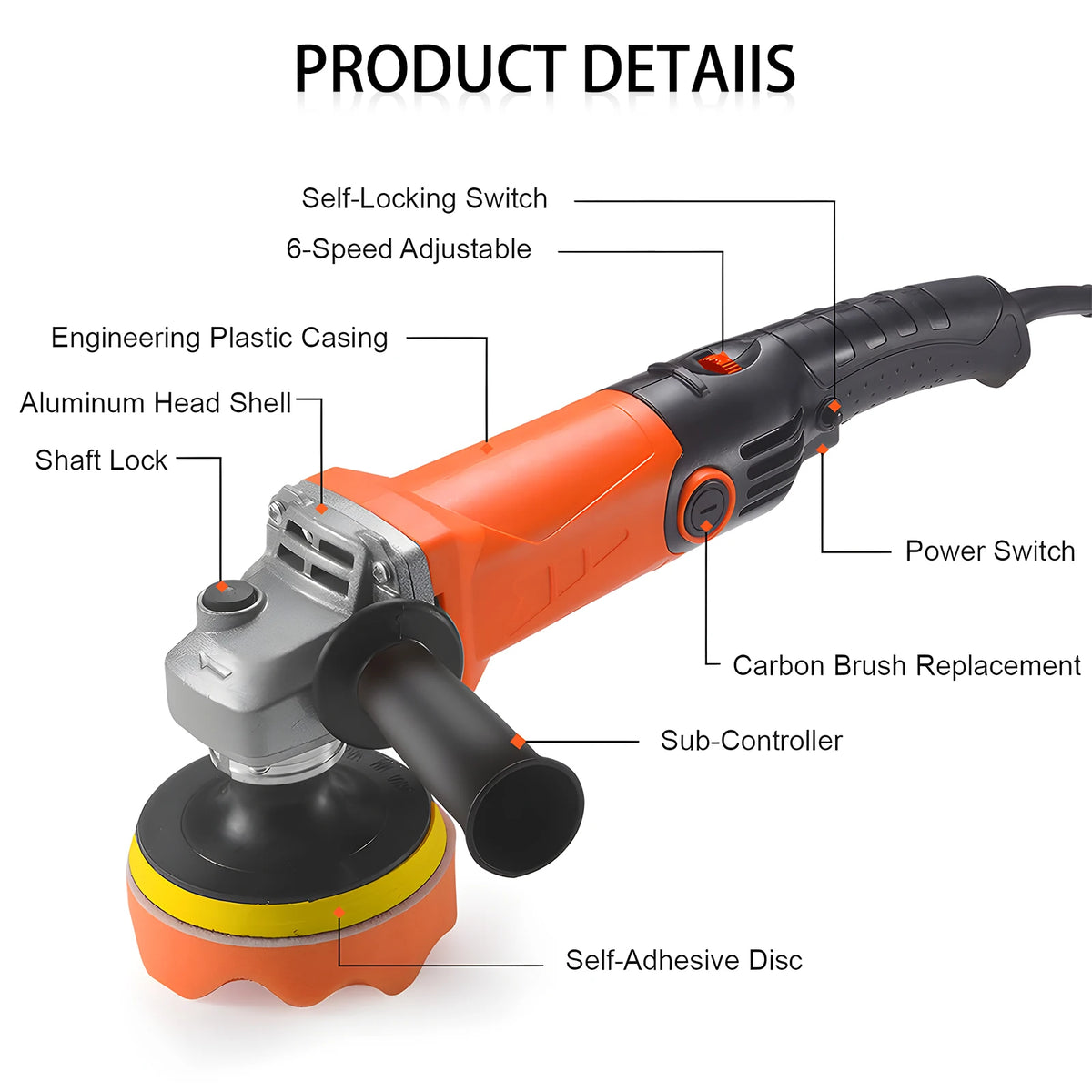 Podofo Lucidatrice Rotativa per Auto 8800RPM 1200W con Velocità Variabile, 6 Livelli di Regolazione della Velocità, Manico Rimovibile, Interruttore di Sicurezza con Blocco per Lucidatura e Ceratura di Auto, Barche, Mobili,