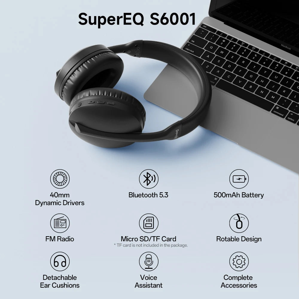 Oneodio SuperEQ S6001 Cuffie Bluetooth Cuffie wireless sopra l'orecchio con modalità Micro SD/Scheda TF/Radio FM Cuffie HiFi stereo