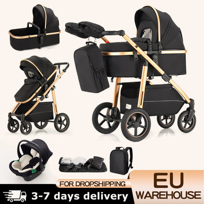 Passeggino 3 in 1 High Landscape per Neonati, Carrozzina Pieghevole Portatile di Lusso con Seggiolino Auto e Navicella da Viaggio