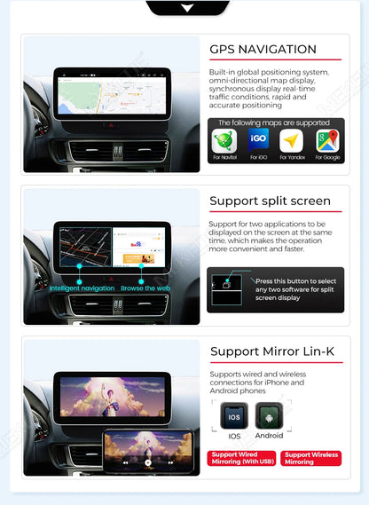 Schermo da 8,8 pollici, stile originale, sistema multimediale wireless con CarPlay e Android Auto per Audi Q5 2010-2017, 4G LTE, WiFi, BT, navigazione GPS, autoradio Android, lettore video 4K.