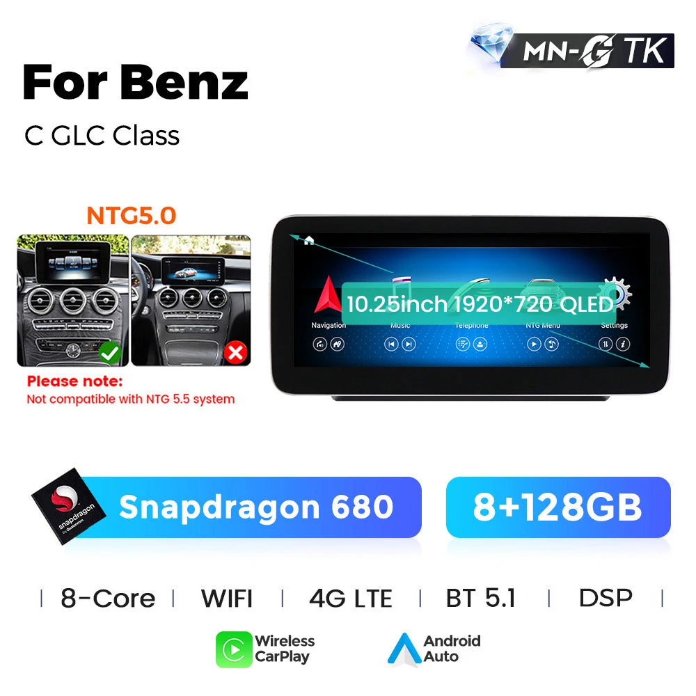 MEKEDE 10.25/12.3” QLED Snapdragon 4G Wireless CarPlay Auto per Mercedes Benz Classe C W205 S205 2014-2018 Lettore multimediale per auto