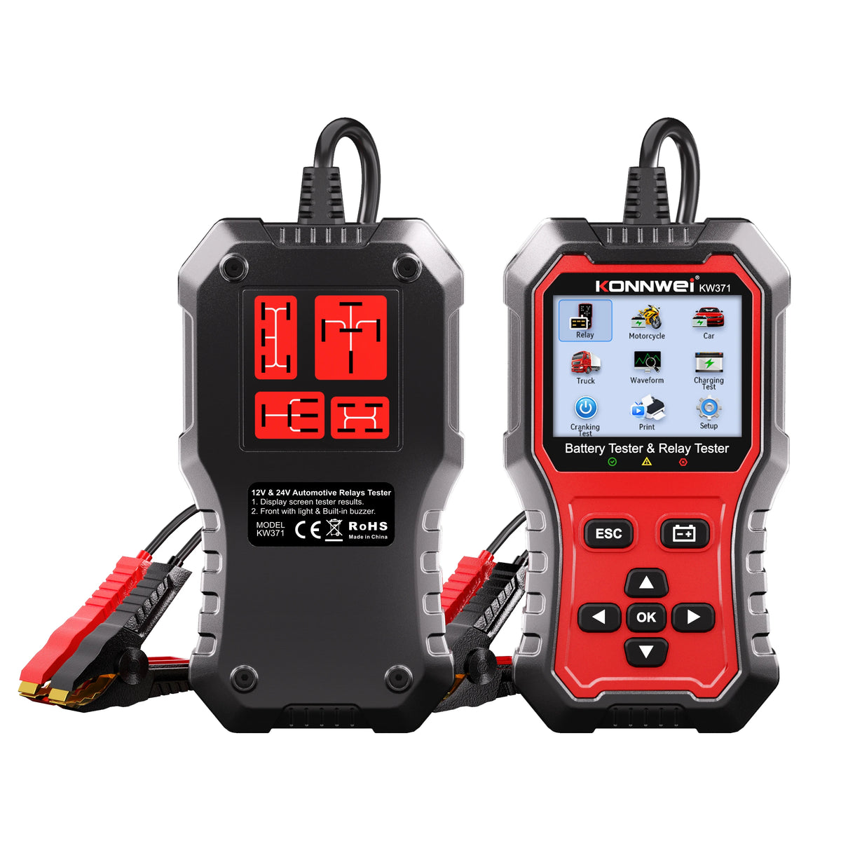Tester Batteria Auto 2in1 KONNWEI KW371 2026 e Tester Relè a 4 Pin 5 Pin 6V 12V 24V con Stampa Dati Guasto, Test Avvio e Strumento di Scansione Ricarica