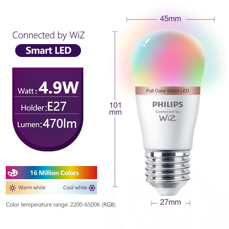 Philips WiZ 4.9W E27 P45 Wi-Fi e Bluetooth LED Smart Mini Ball Lampadina 220-240V 16 milioni di luci a colori smerigliate dimmerabili