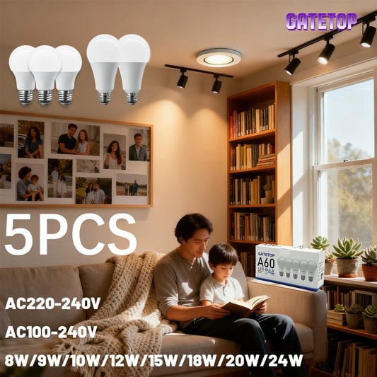 Set di 5 Lampadine LED E27 da 20W, 18W, 15W, 12W, 10W, 9W, 8W, AC220V, Potenza Reale, A60 A80, per Soggiorno e Casa