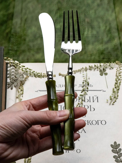 Set di Posate in Resina Stile Bambù, Acciaio Inossidabile 304, Posate Classiche, Opzioni da 1/3/4 Pezzi per Casa e Cucina