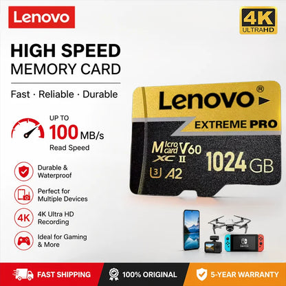 Scheda Micro SD Lenovo 1TB, Scheda di Memoria TF 256GB 512GB Classe 10 U3 A2 ad Alta Velocità per Registrazione Video 4K per Dash Cam, Fotocamera, Drone, Telefono