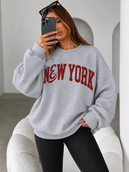 Felpa con stampa a tema New York, felpa da donna con collo alla marinara e fodera in pile, felpe sportive e per il tempo libero, ideali per l’autunno e l’inverno.