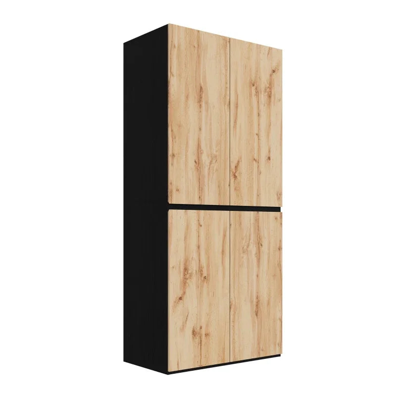 Armadio moderno 90x200 cm con cassetto per gioielli, 4 ante, 1 binario, 3 cassetti, finitura in rovere/bianco, armadio alto per camera da letto, corridoio, ufficio, mobile contenitore in MDF