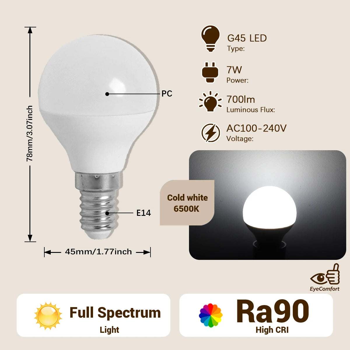 Lampadina LED G45 a spettro completo con attacco E14 E27, indice di resa cromatica CRI90, protezione per gli occhi, lampadina decorativa per illuminazione ambientale interna