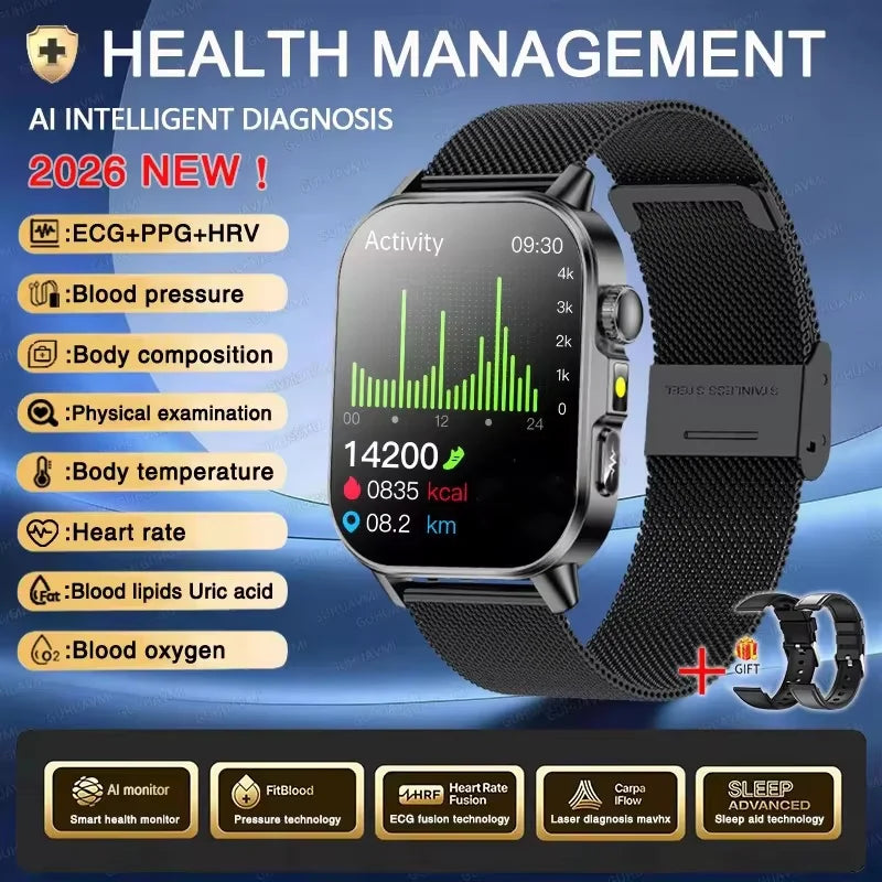 Nuovo Smartwatch per Uomo con Diagnosi ECG Accurata, Misurazione di Pressione Sanguigna, Ossigeno nel Sangue, Grasso nel Sangue, Acido Urico, Temperatura, Chiamate Bluetooth