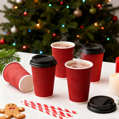 Tazze da caffè usa e getta ondulate rosse Tazze termoisolanti con cannuccia per bevande calde Ideale per feste di Natale Capodanno