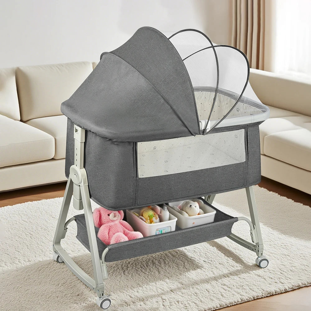 Culla 4-in-1 per Neonati, Culla Co-sleeping con Ruote Integrate, con Materasso e Zanzariera, Grigio, 91L X 50L X 68-81H Cm