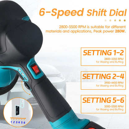 Kit Lucidatrice Elettrica per Auto Podofo 6'' 5500RPM con 2 Batterie, Lucidatrice Orbitale a 6 Velocità per Detailing e Lucidatura di Auto e Barche