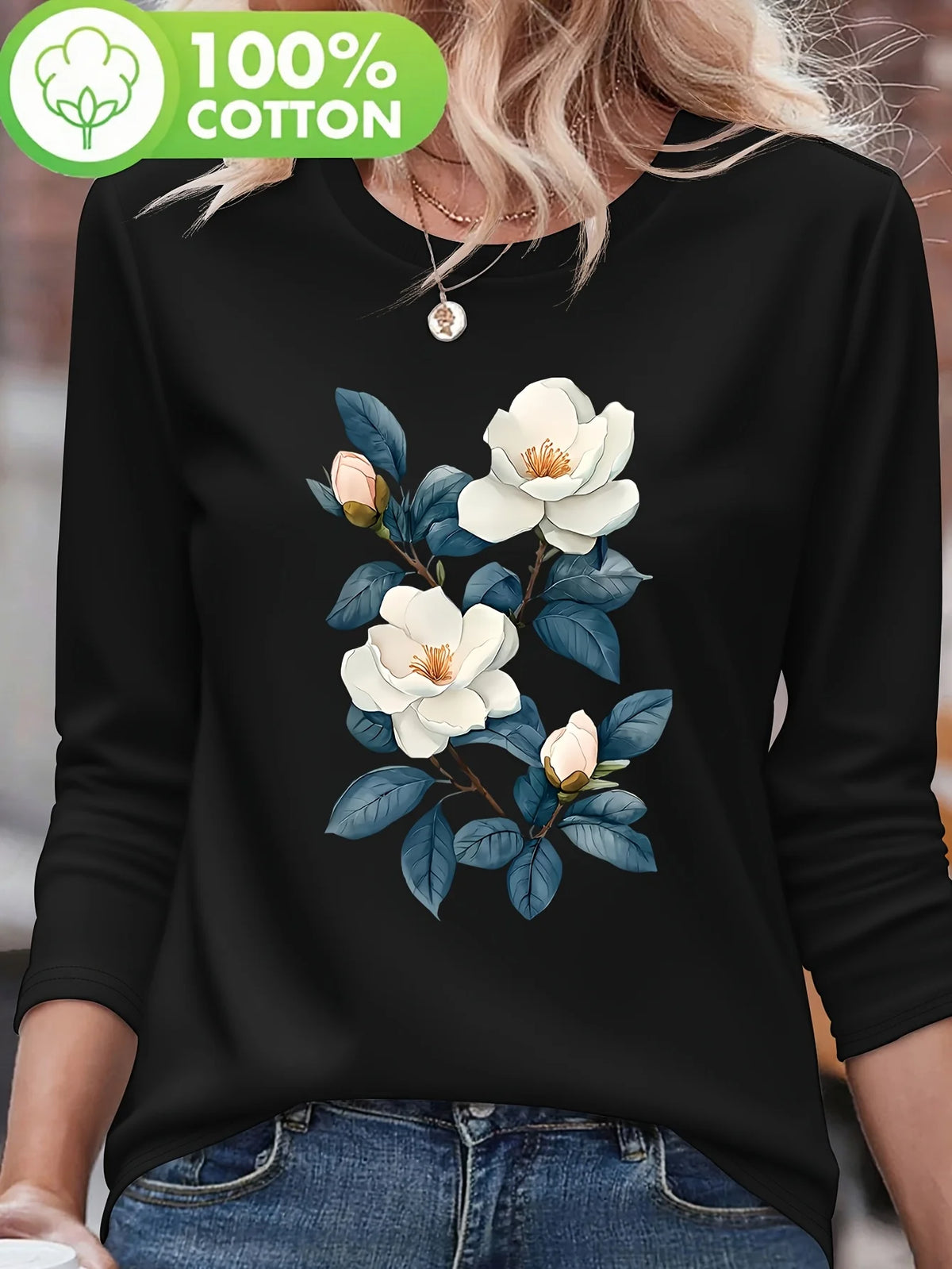 T-shirt da donna in 100% puro cotone, ideale per la primavera e l’autunno, comoda, casual, a maniche lunghe, con stampa grafica a tema parigino e scollo rotondo.