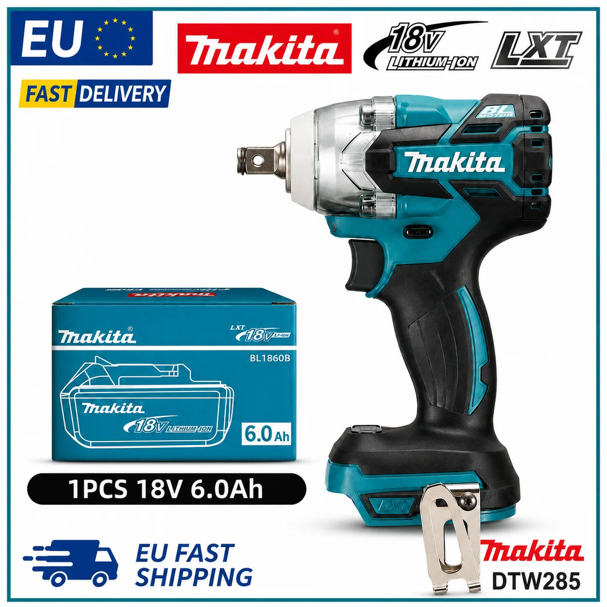 Makita DTW285 Avvitatore a Impulsi 18V 320N·m Senza Spazzole Senza Fili + Batteria 6.0Ah Utensile Elettrico ad Alta Coppia Disponibilità EU Spedizione 1-3 Giorni
