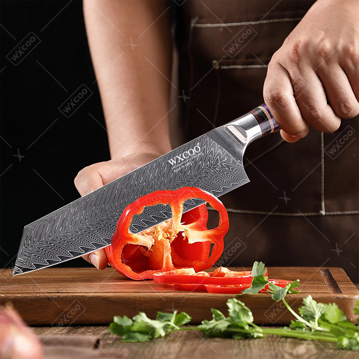 Coltelli da Cucina Professionali WXCOO in Acciaio Damascato con Scatola, Coltello Giapponese per Affettare, Coltello Domestico per Frutta e Verdura, Coltello da Disosso a 67 Strati